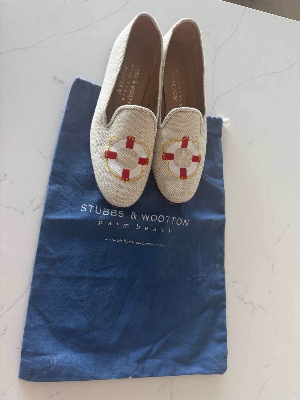 Stubbs & Wootton Cream Canvas Loafers with Red & Gold Embroidered Lifebuoy